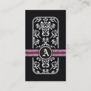 Black white damask pink band monogram business card