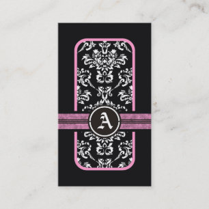 Black white damask pink band monogram business card