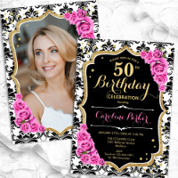 Black White Damask Pink Roses Photo 50th Birthday
