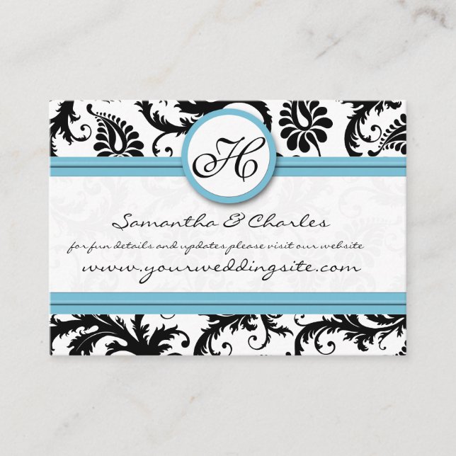 Black White Damask Pool Blue Trim Wedding Website Enclosure Card (Front)