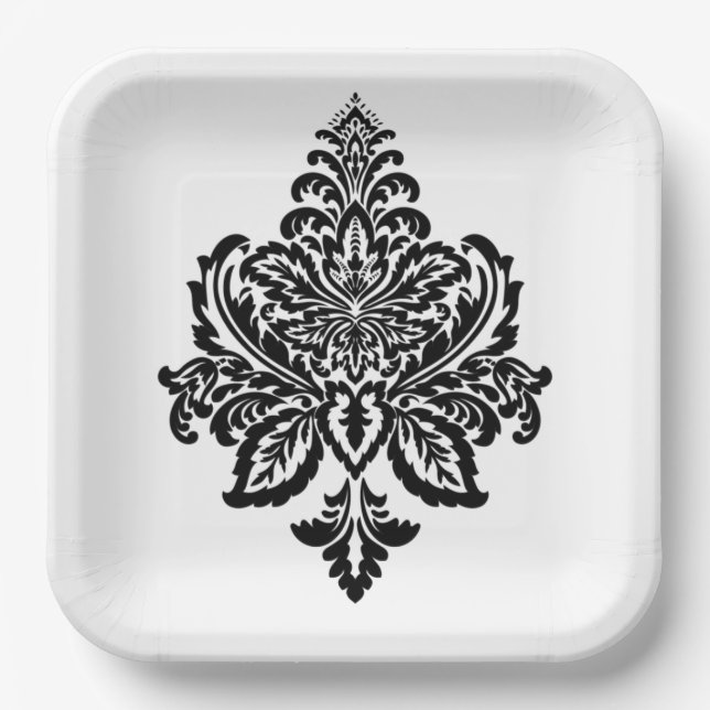 Black & white damask print Paper Plate (Front)