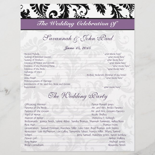 Black & White Damask Purple Band Wedding Program (Front)