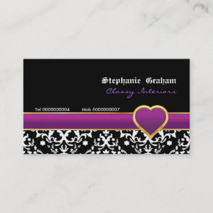 Black white damask purple heart business card