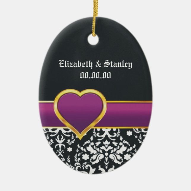 Black white damask purple heart Save the Date Ceramic Ornament (Front)