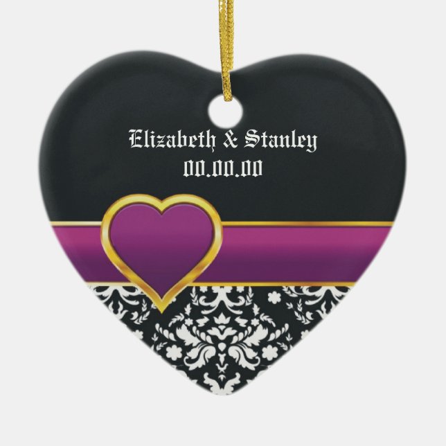 Black white damask purple heart Save the Date Ceramic Tree Decoration (Front)