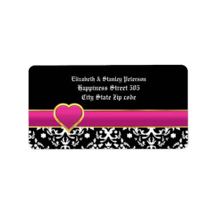 Black white damask & purple heart wedding label