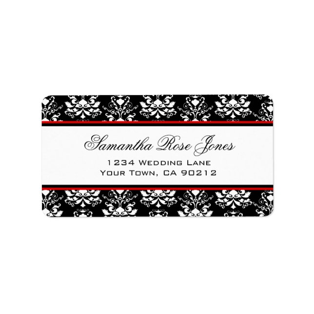 Black & White Damask Red Accent Elegant Address Label (Front)