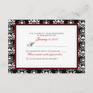 Black & White Damask Red Accent RSVP Custom Card