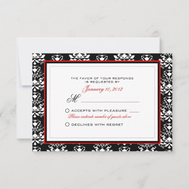 Black & White Damask Red Accent RSVP Custom Card (Front)