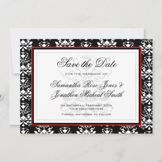 Black & White Damask Red Accent Save the Date (Front)