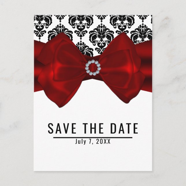 Black & White Damask Red Bow Glam Save the Date Announcement Postcard (Front)