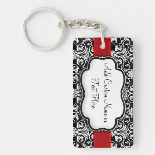 Black/White Damask Red Ribbon Key Ring