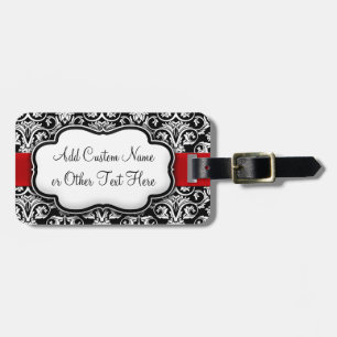 Black/White Damask Red Ribbon Luggage Tag