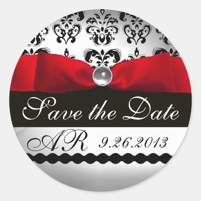 BLACK & WHITE DAMASK  RED RIBBON MONOGRAM Gemstone Classic Round Sticker (Front)