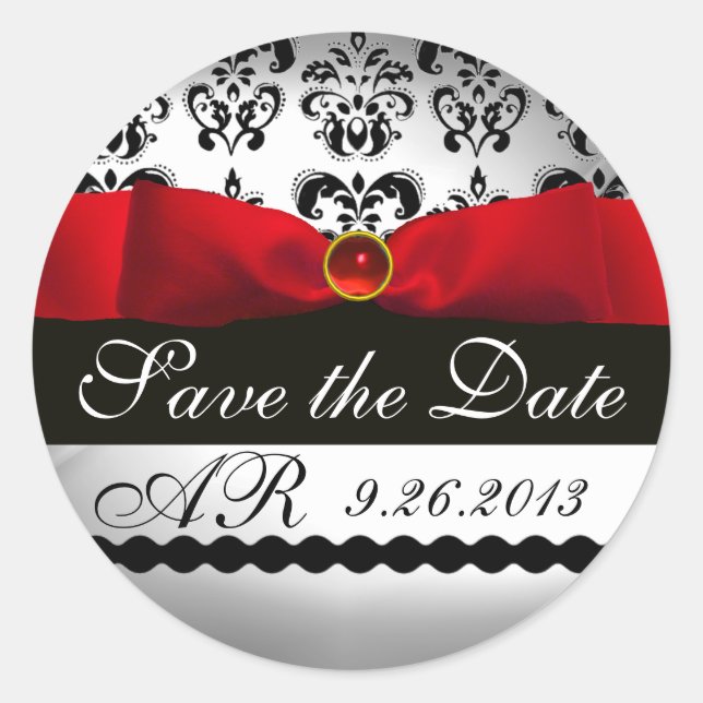 BLACK & WHITE DAMASK  RED RIBBON MONOGRAM Gemstone Classic Round Sticker (Front)