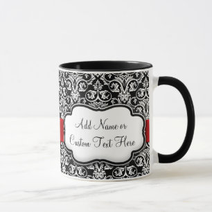 Black/White Damask Red Ribbon Mug
