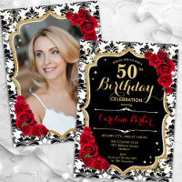 Black White Damask Red Roses Photo 50th Birthday