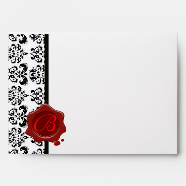 BLACK WHITE DAMASK RED WAX SEAL MONOGRAM ENVELOPES (Front)