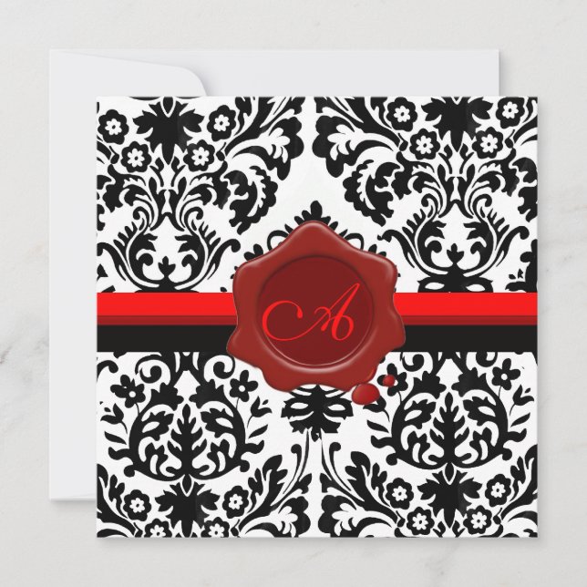 BLACK & WHITE DAMASK, RED WAX SEAL MONOGRAM INVITATION (Front)