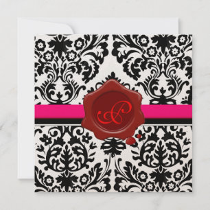 BLACK & WHITE DAMASK, RED WAX SEAL MONOGRAM INVITATION