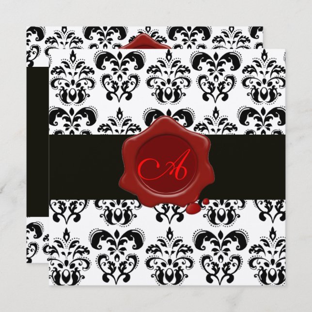 BLACK & WHITE DAMASK, RED WAX SEAL MONOGRAM Silver Invitation (Front/Back)
