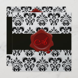 BLACK & WHITE DAMASK, RED WAX SEAL MONOGRAM Silver Invitation