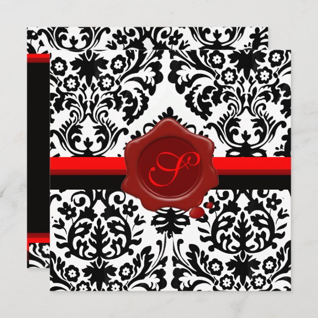 BLACK & WHITE DAMASK, RED WAX SEAL MONOGRAM SILVER INVITATION (Front/Back)