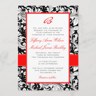 Black white damask red wedding invitation