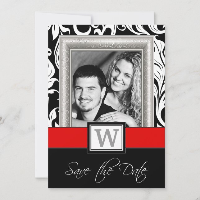 Black White Damask & Red  Wedding Save the Dates Date (Front)