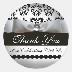 BLACK & WHITE DAMASK RIBBON Gemstone Classic Round Sticker