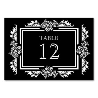 Black & White Damask Roses Table Number Cards