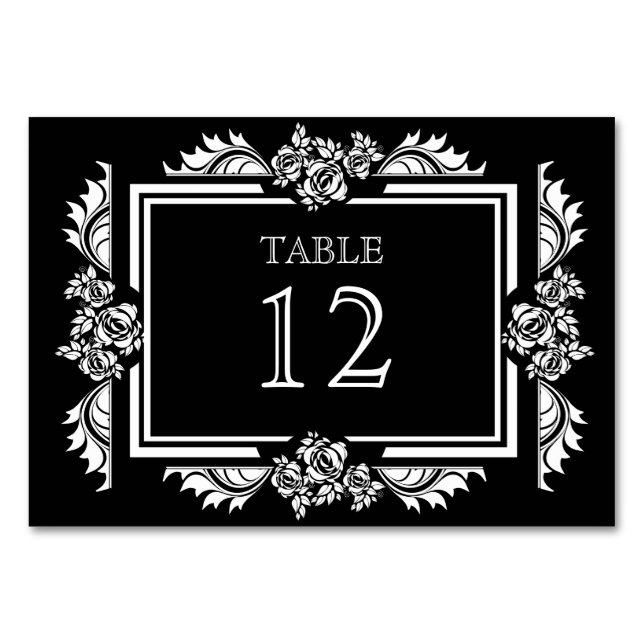 Black & White Damask Roses Table Number Cards (Front)