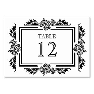 Black & White Damask Roses Table Number Cards