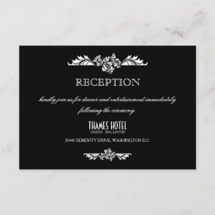 Black & White Damask Roses Wedding Reception Card