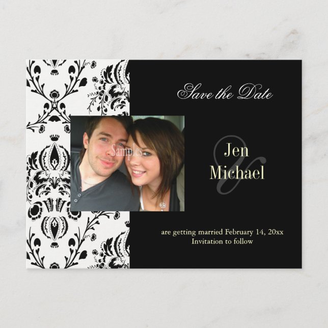Black + white Damask Save Date Photo postcards, Announcement Postcard (Front)