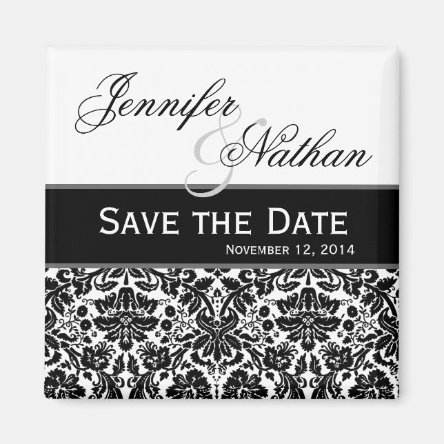 Black White Damask Save the Date Wedding Magnet (Front)