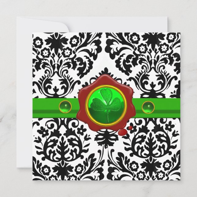 BLACK WHITE DAMASK,SHAMROCK,RED WAX SEAL MONOGRAM INVITATION (Front)