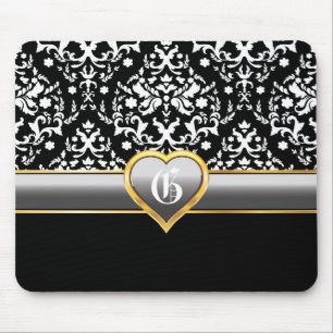 Black white damask, silver grey heart monogram mouse pad
