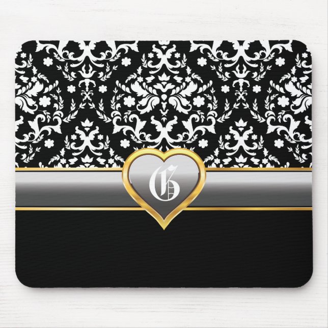 Black white damask, silver grey heart monogram mouse pad (Front)