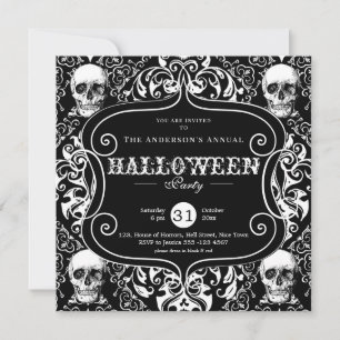 Black White Damask Skull Custom Halloween Party Invitation