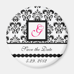 BLACK WHITE DAMASK SQUARE MONOGRAM Save the Date Magnet