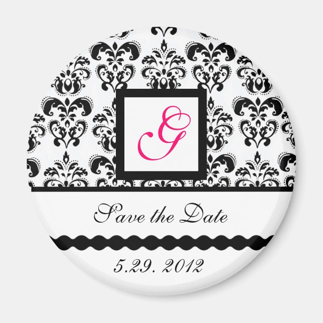 BLACK WHITE DAMASK SQUARE MONOGRAM Save the Date Magnet (Front)
