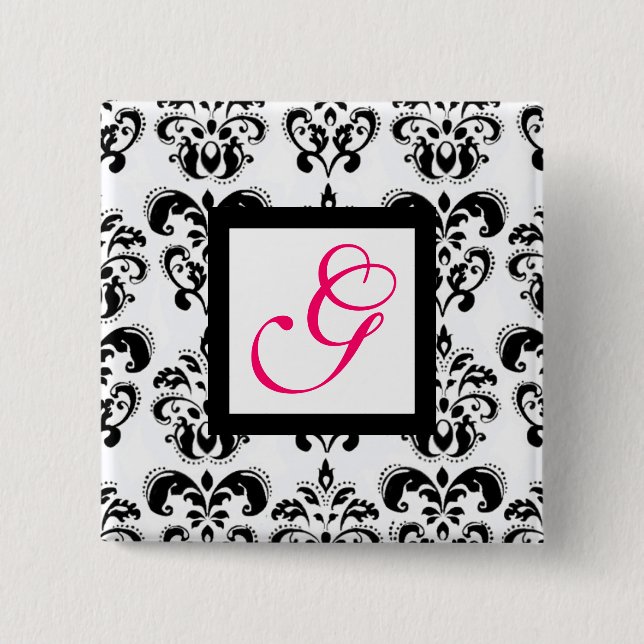 BLACK WHITE DAMASK SQUARE PINK FUCHSIA MONOGRAM 15 CM SQUARE BADGE (Front)