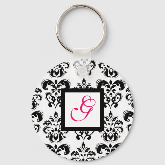 BLACK WHITE DAMASK SQUARE PINK FUCHSIA MONOGRAM KEY RING (Front)
