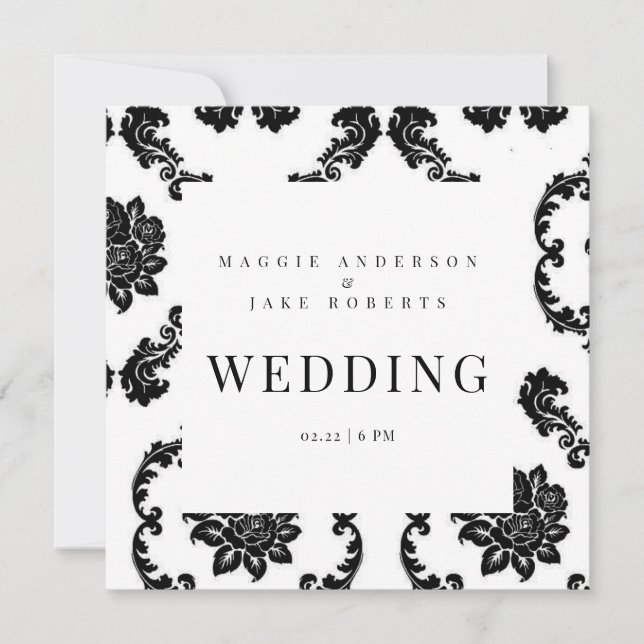 Black & White Damask Square Wedding  Invitation (Front)