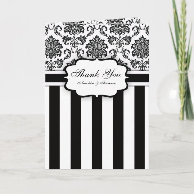 Black White Damask Stripe Wedding Thank You (Front)