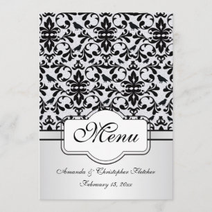 Black white damask swirls, birds Menu Invitation