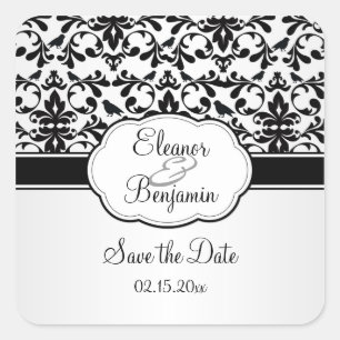 Black white damask swirls, birds Save the Date Square Sticker