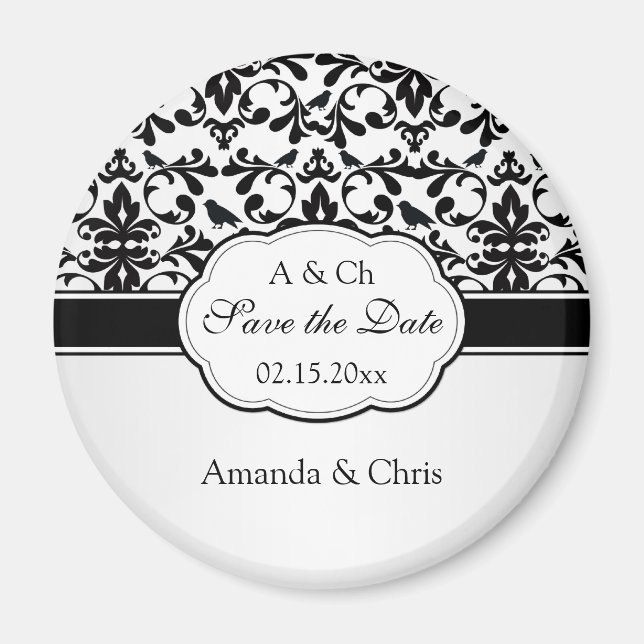 Black white Damask swirls, birds Save the Date Wed Magnet (Front)