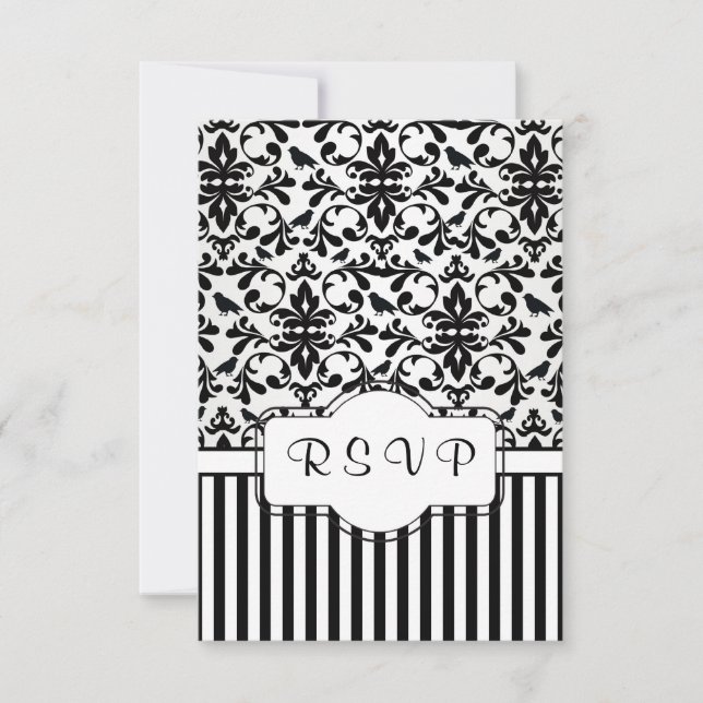 Black white Damask swirls, birds, stripes RSVP (Front)